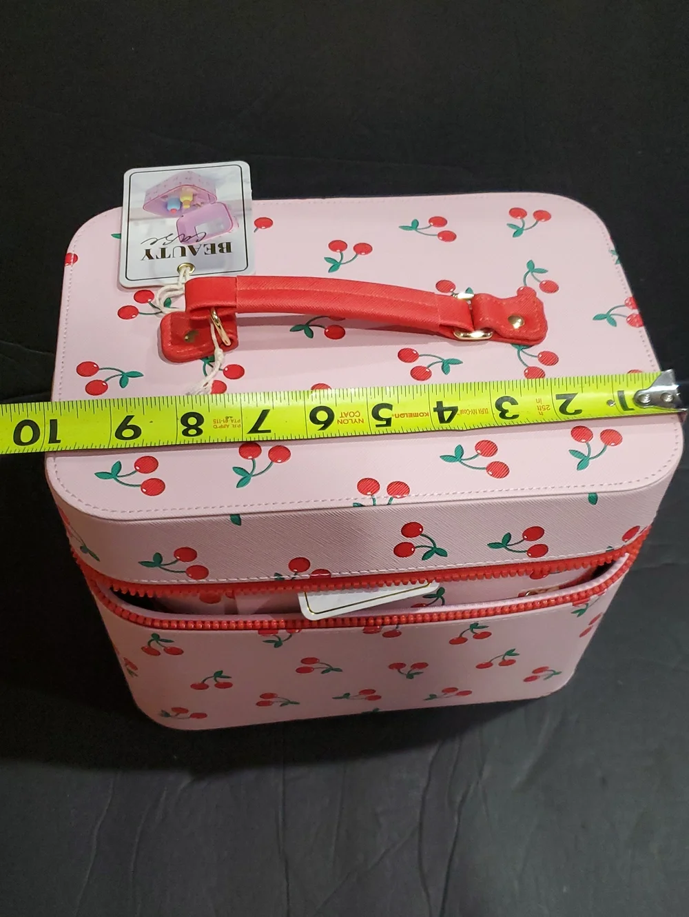 Cherry print pink makeup cosmetics large hard train case with cherry zip pull